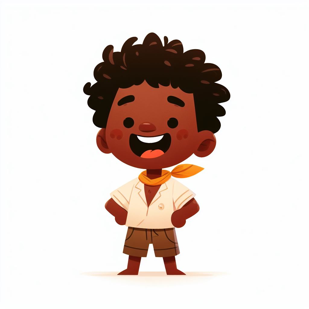 brave little boy, black skin, curly black hair, laughing, arms akimbo, icon, storybook illustration, white background