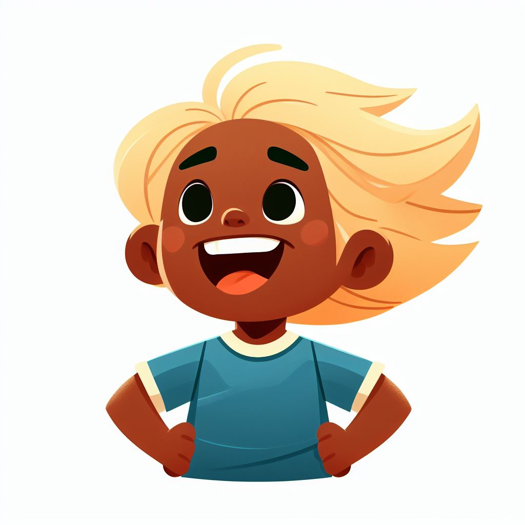 brave little boy, black skin, long blonde hair, laughing, arms akimbo, icon, storybook illustration, white background