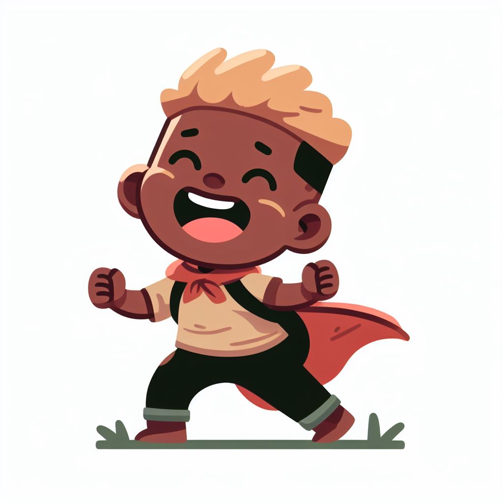 brave little boy, black skin, short blonde hair, laughing, arms akimbo, icon, storybook illustration, white background