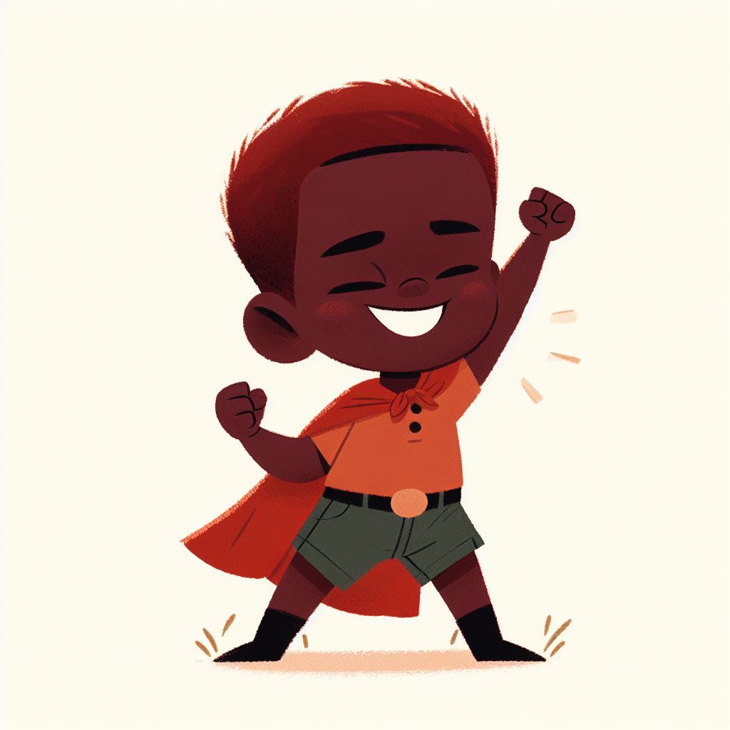 brave little boy, black skin, short red hair, laughing, arms akimbo, icon, storybook illustration, white background