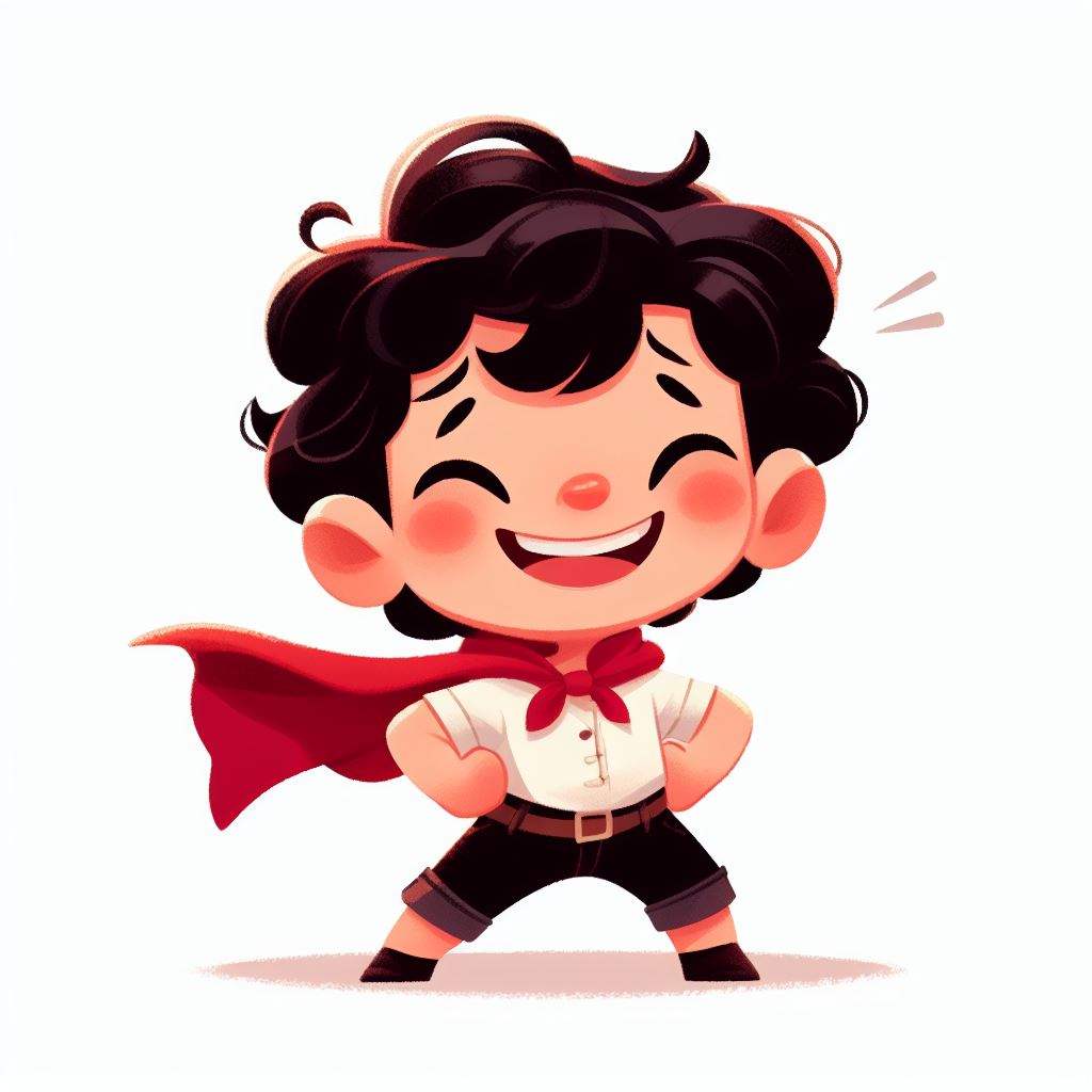 brave little boy, white skin, curly black hair, laughing, arms akimbo, icon, storybook illustration, white background
