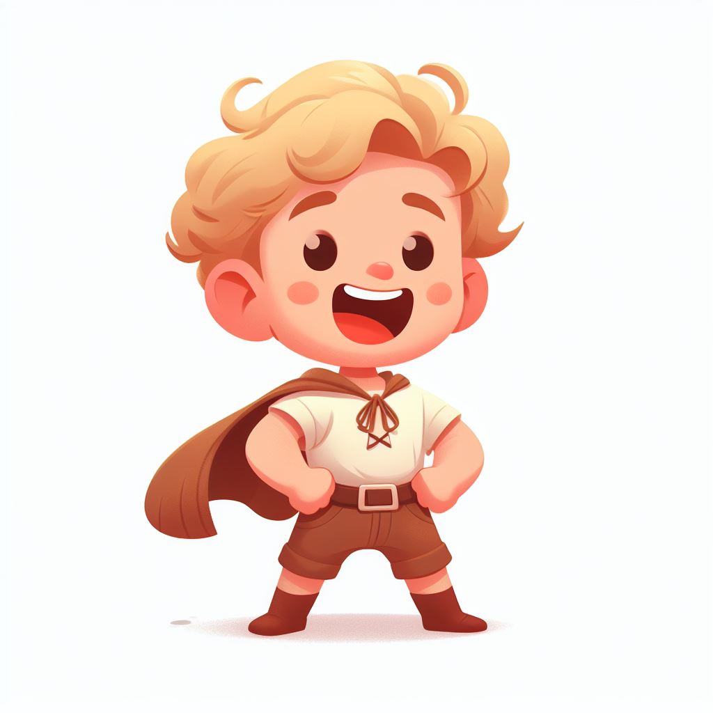 brave little boy, white skin, curly blonde hair, laughing, arms akimbo, icon, storybook illustration, white background