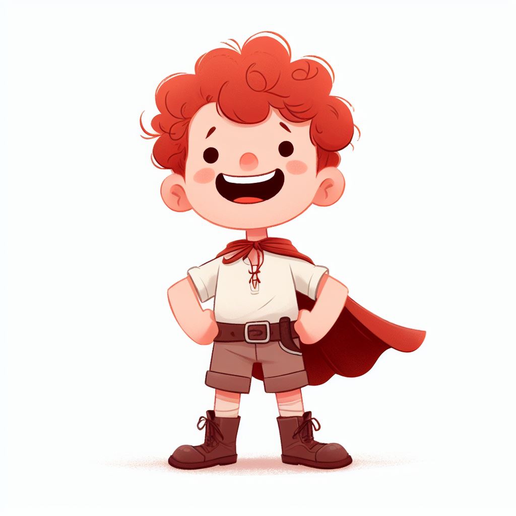 brave little boy, white skin, curly red hair, laughing, arms akimbo, icon, storybook illustration, white background