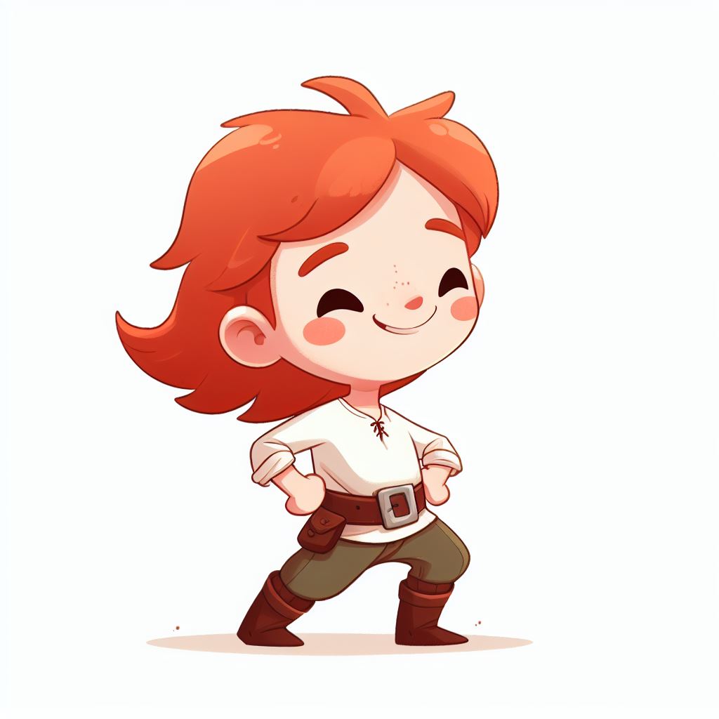 brave little boy, white skin, long red hair, laughing, arms akimbo, icon, storybook illustration, white background