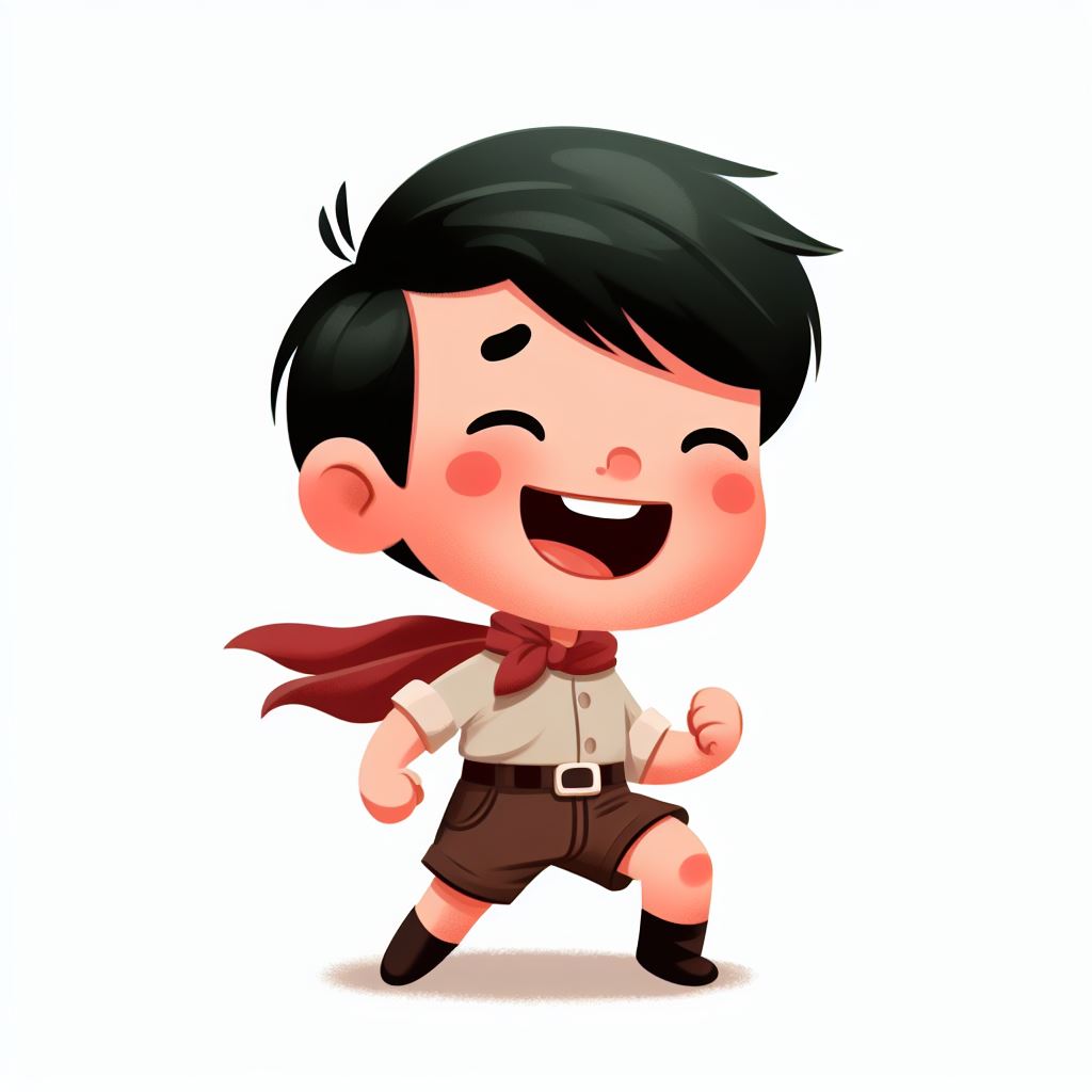 brave little boy, white skin, short black hair, laughing, arms akimbo, icon, storybook illustration, white background