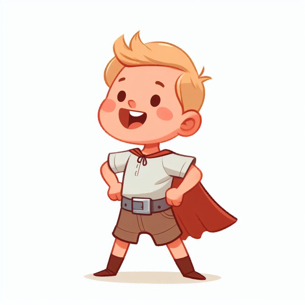 brave little boy, white skin, short blonde hair, laughing, arms akimbo, icon, storybook illustration, white background