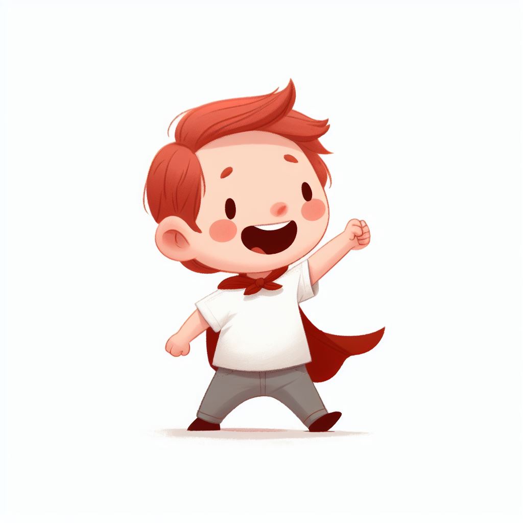 brave little boy, white skin, short red hair, laughing, arms akimbo, icon, storybook illustration, white background