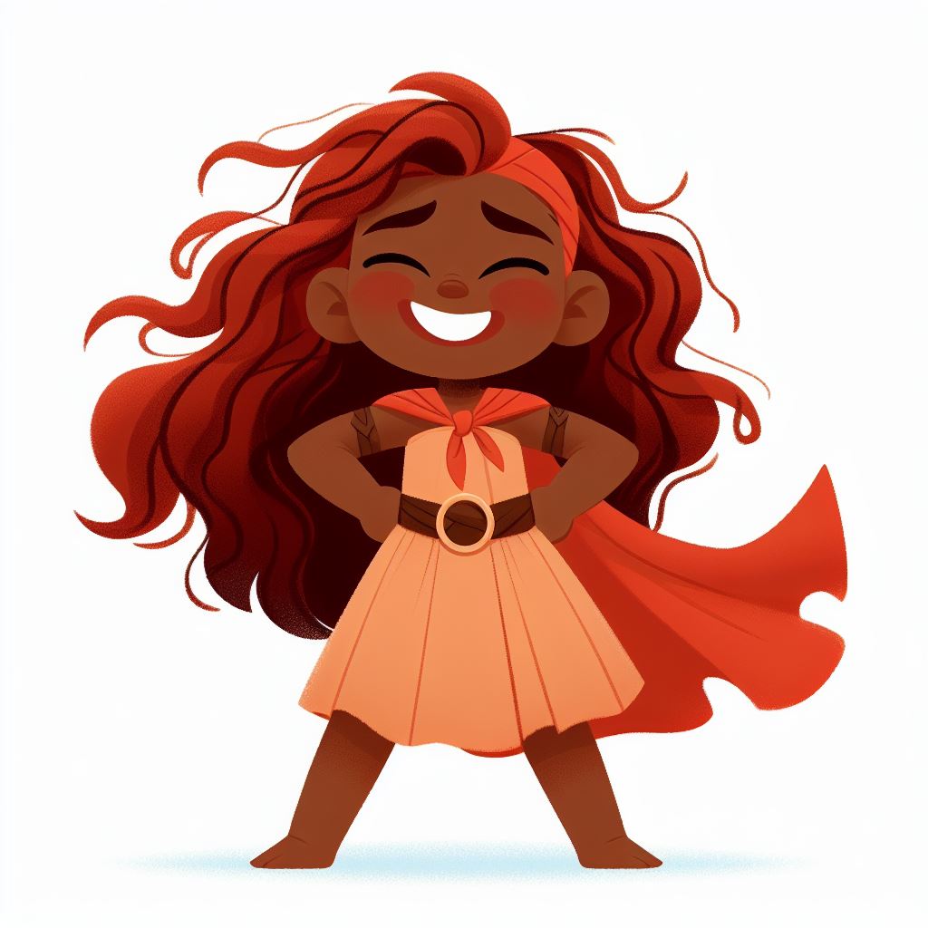 brave little girl, black skin, long red hair, laughing, arms akimbo, icon, storybook illustration, white background