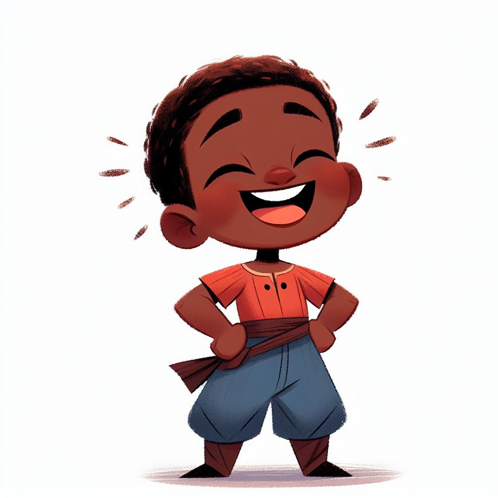 brave little girl, black skin, short black hair, laughing, arms akimbo, icon, storybook illustration, white background
