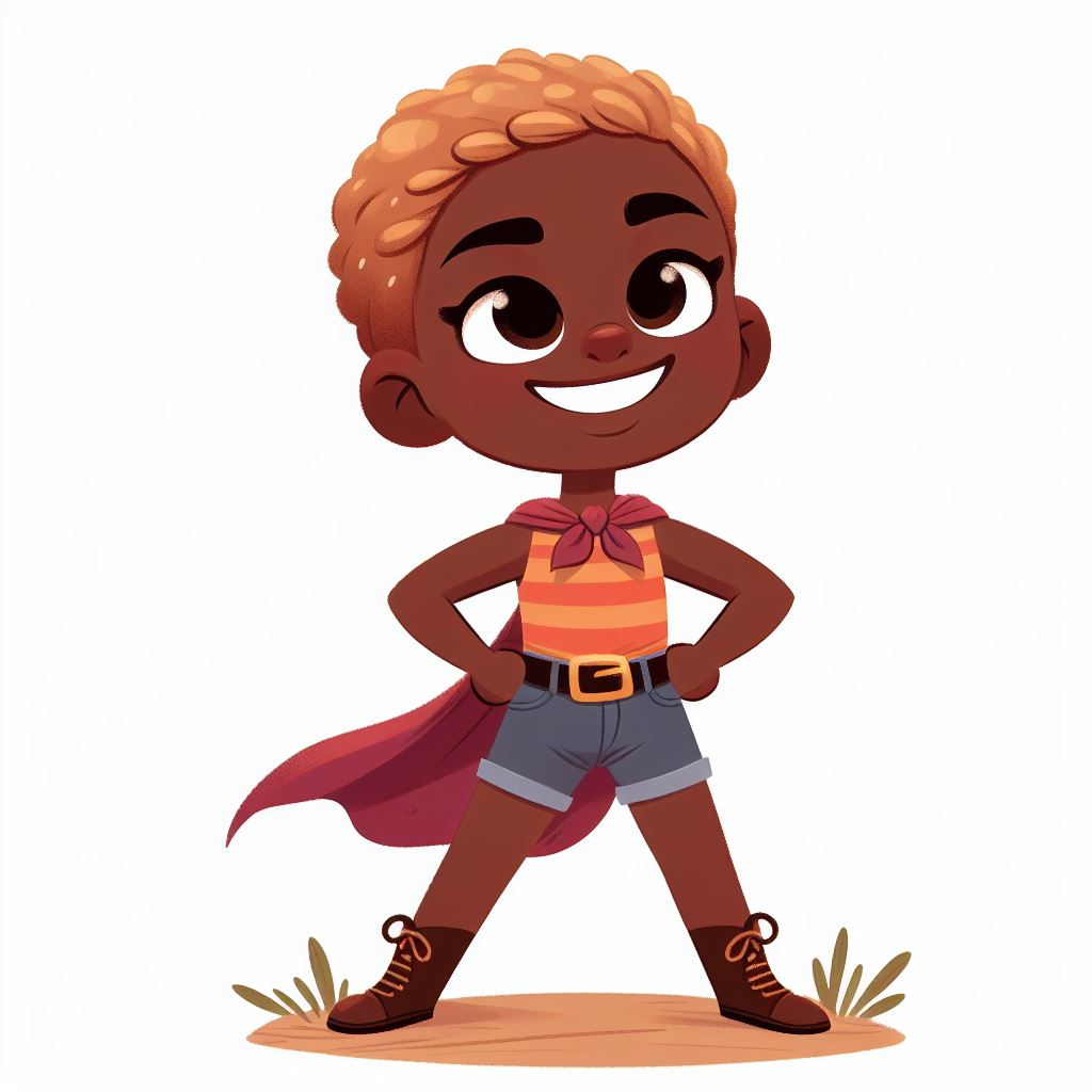 brave little girl, black skin, short blonde hair, laughing, arms akimbo, icon, storybook illustration, white background