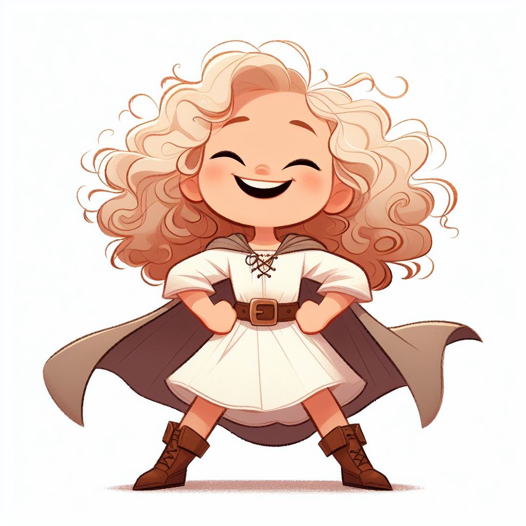 brave little girl, white skin, curly blonde hair, laughing, arms akimbo, icon, storybook illustration, white background