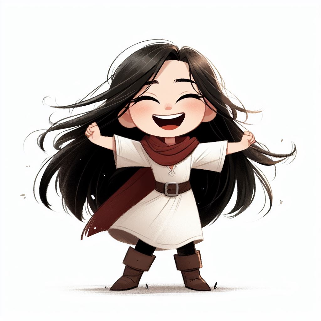 brave little girl, white skin, long black hair, laughing, arms akimbo, icon, storybook illustration, white background