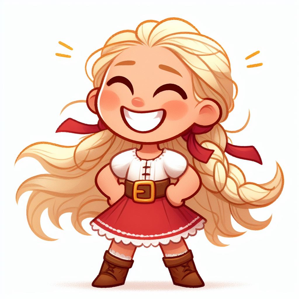 brave little girl, white skin, long blonde hair, laughing, arms akimbo, icon, storybook illustration, white background