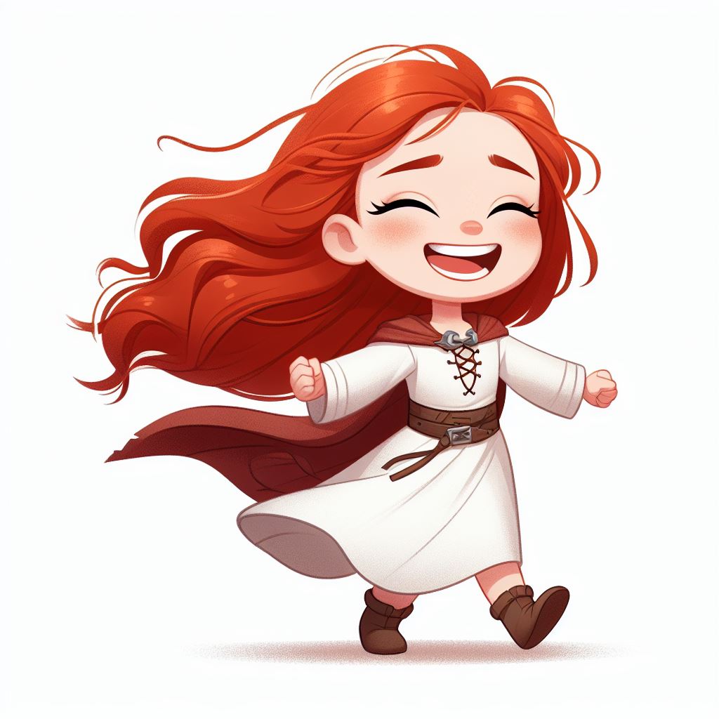 brave little girl, white skin, long red hair, laughing, arms akimbo, icon, storybook illustration, white background