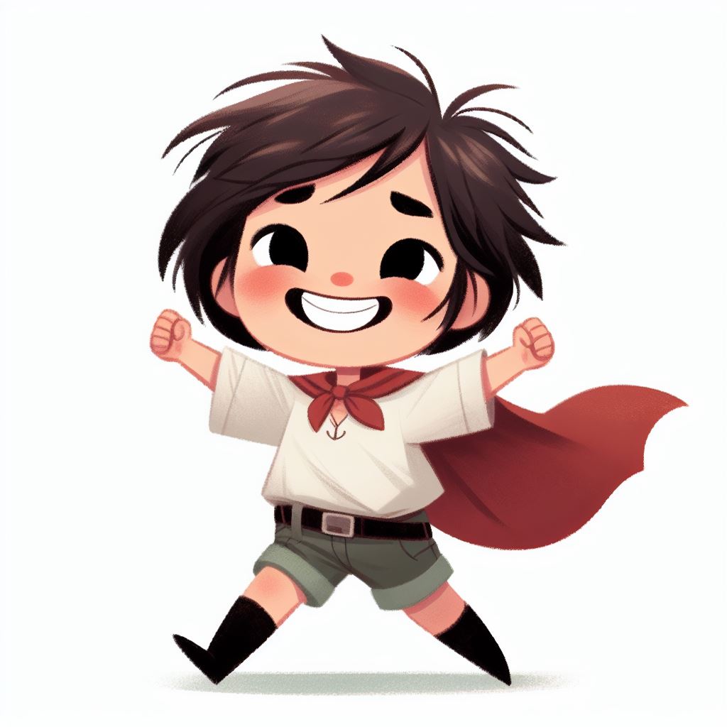 brave little girl, white skin, short black hair, laughing, arms akimbo, icon, storybook illustration, white background