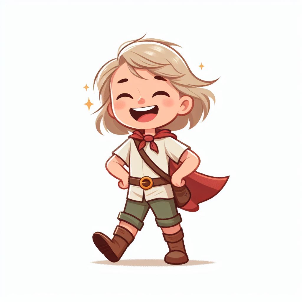 brave little girl, white skin, short blonde hair, laughing, arms akimbo, icon, storybook illustration, white background