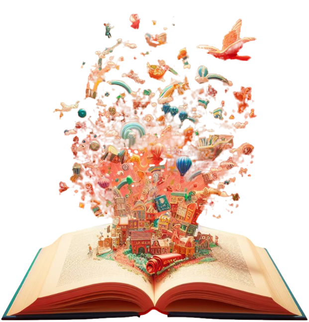 an open book with the content of children stories pouring out, red background